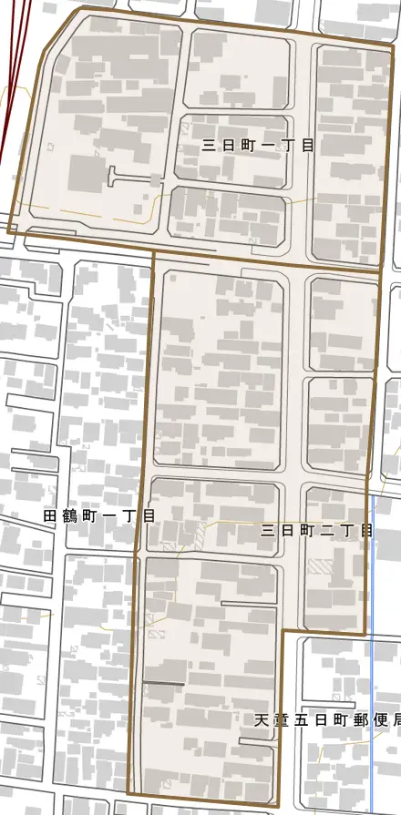 三日町とその周辺の地図。町の範囲を重ねている