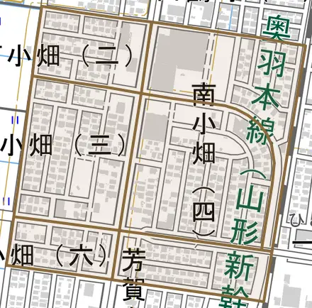 南小畑とその周辺の地図。町の範囲を重ねている