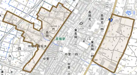 大字長岡とその周辺の地図。町の範囲を重ねている