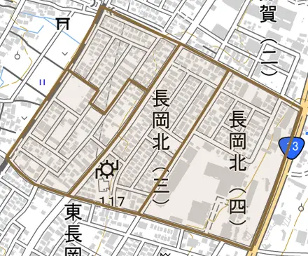長岡北とその周辺の地図。町の範囲を重ねている