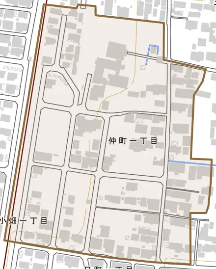 仲町とその周辺の地図。町の範囲を重ねている