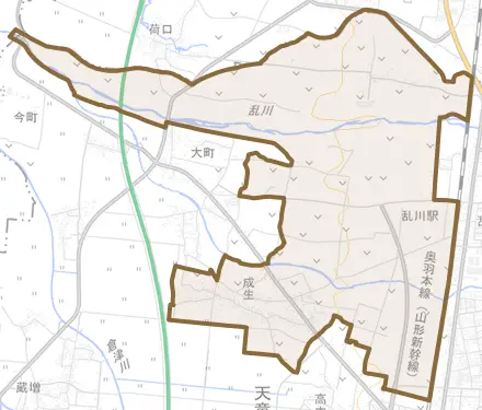 大字成生とその周辺の地図。町の範囲を重ねている