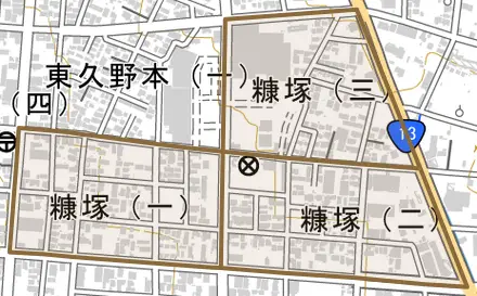 糠塚とその周辺の地図。町の範囲を重ねている