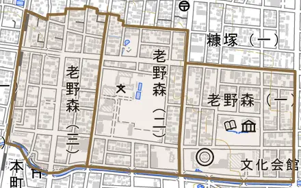 老野森とその周辺の地図。町の範囲を重ねている