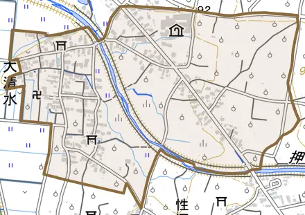 大字大清水とその周辺の地図。町の範囲を重ねている