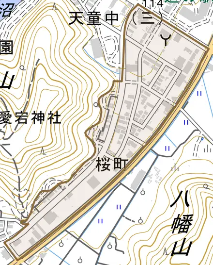 桜町とその周辺の地図。町の範囲を重ねている