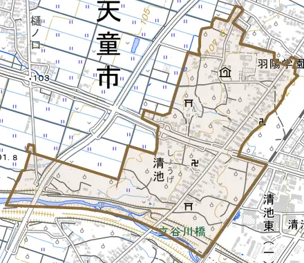 大字清池とその周辺の地図。町の範囲を重ねている