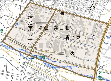 清池東とその周辺の地図。町の範囲を重ねている