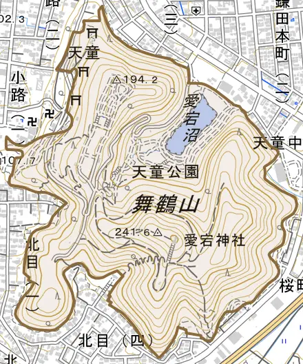 大字天童とその周辺の地図。町の範囲を重ねている