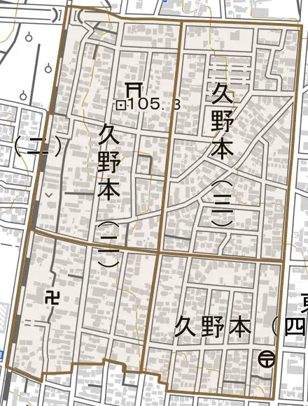 久野本とその周辺の地図。町の範囲を重ねている