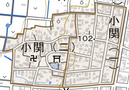 小関とその周辺の地図。町の範囲を重ねている