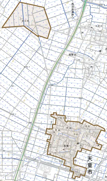 大字高擶とその周辺の地図。町の範囲を重ねている