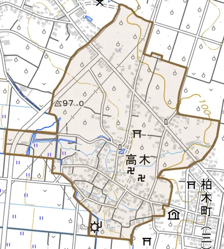 大字高木とその周辺の地図。町の範囲を重ねている