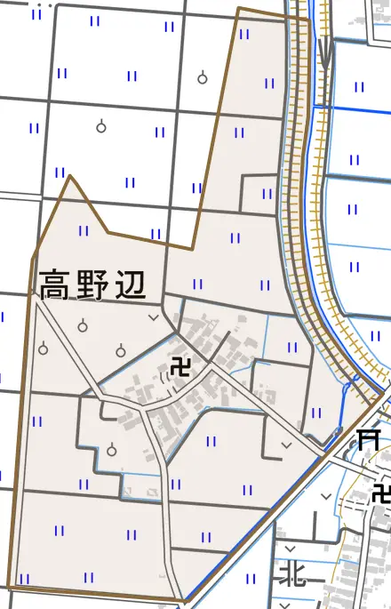 大字高野辺とその周辺の地図。町の範囲を重ねている