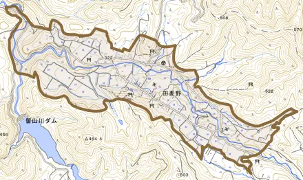 大字田麦野とその周辺の地図。町の範囲を重ねている