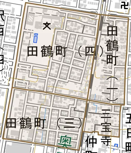 田鶴町とその周辺の地図。町の範囲を重ねている