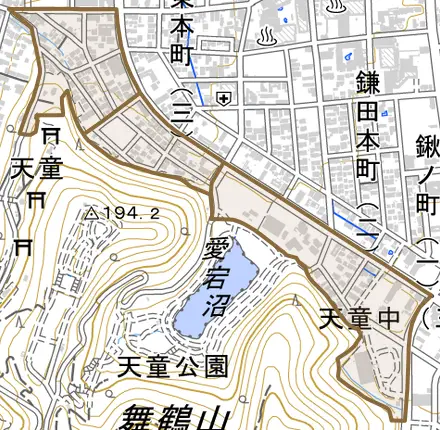 天童中とその周辺の地図。町の範囲を重ねている
