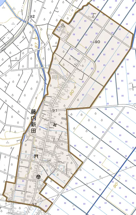 大字藤内新田とその周辺の地図。町の範囲を重ねている