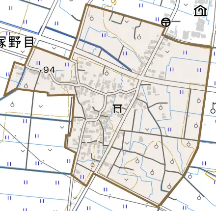 大字塚野目とその周辺の地図。町の範囲を重ねている
