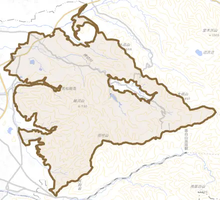 大字山口とその周辺の地図。町の範囲を重ねている