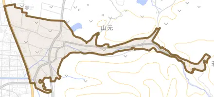 大字山元とその周辺の地図。町の範囲を重ねている