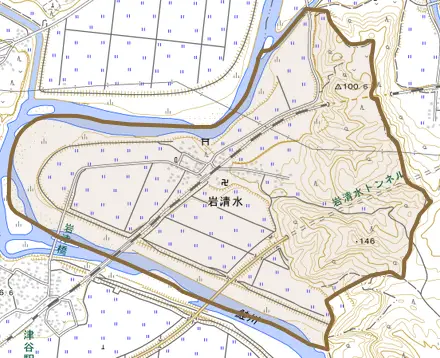 大字岩清水とその周辺の地図。町の範囲を重ねている