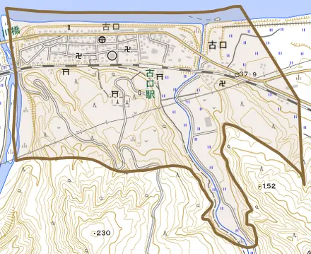 大字古口とその周辺の地図。町の範囲を重ねている
