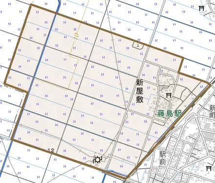 新屋敷とその周辺の地図。町の範囲を重ねている