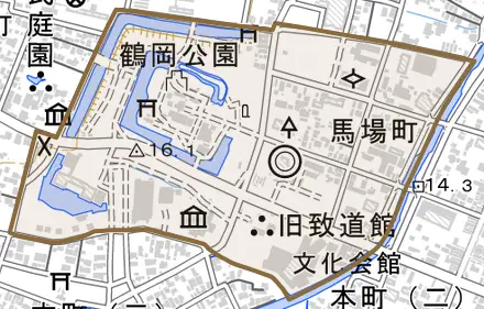馬場町とその周辺の地図。町の範囲を重ねている