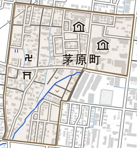 茅原町とその周辺の地図。町の範囲を重ねている