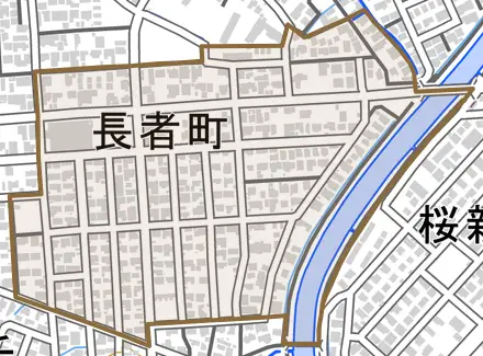 長者町とその周辺の地図。町の範囲を重ねている