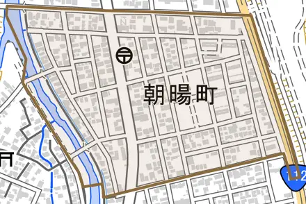 朝暘町とその周辺の地図。町の範囲を重ねている