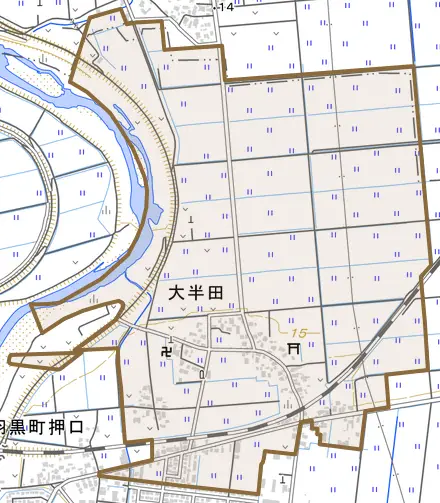大半田とその周辺の地図。町の範囲を重ねている