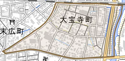 大宝寺町とその周辺の地図。町の範囲を重ねている