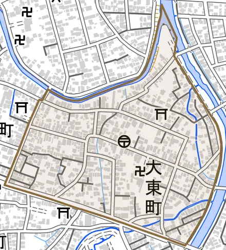 大東町とその周辺の地図。町の範囲を重ねている