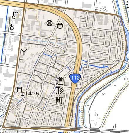 道形町とその周辺の地図。町の範囲を重ねている