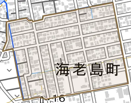 海老島町とその周辺の地図。町の範囲を重ねている