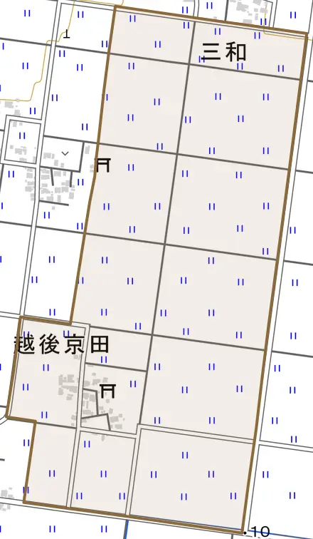 越後京田とその周辺の地図。町の範囲を重ねている