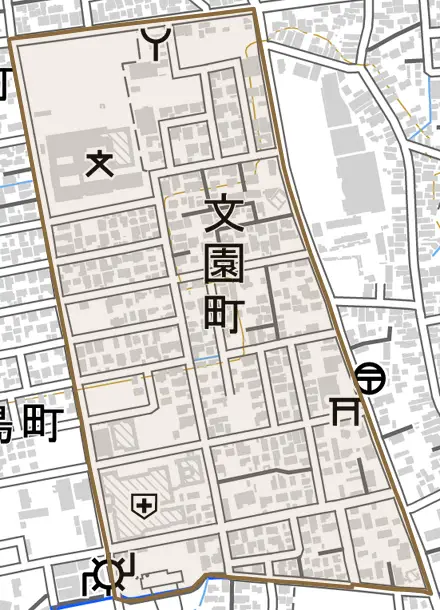 文園町とその周辺の地図。町の範囲を重ねている