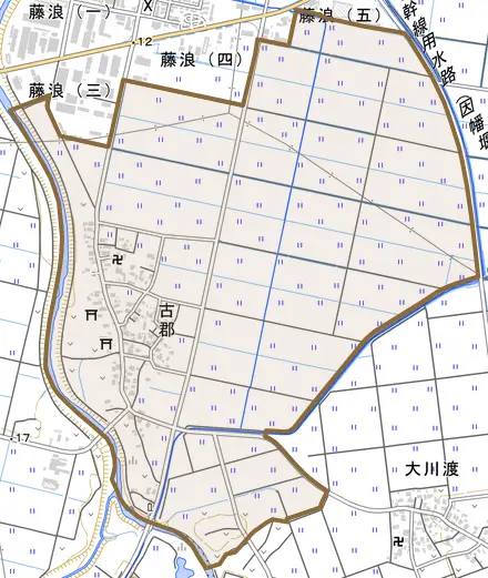 古郡とその周辺の地図。町の範囲を重ねている