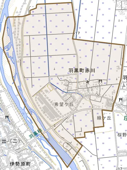 羽黒町赤川とその周辺の地図。町の範囲を重ねている
