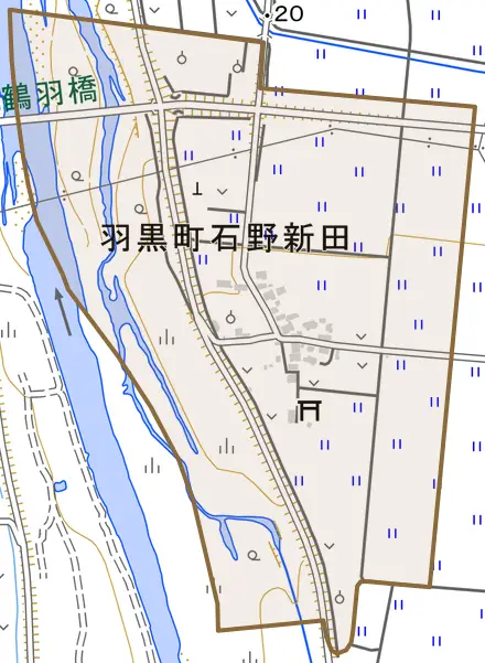 羽黒町石野新田とその周辺の地図。町の範囲を重ねている