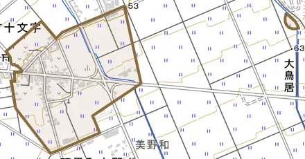 羽黒町十文字とその周辺の地図。町の範囲を重ねている