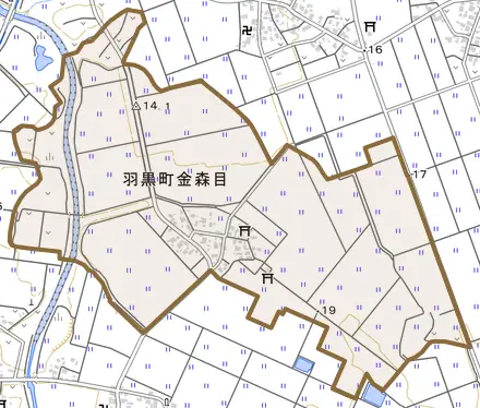 羽黒町金森目とその周辺の地図。町の範囲を重ねている