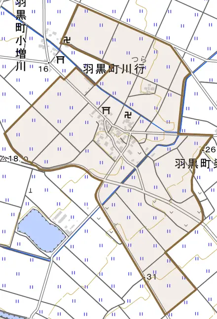 羽黒町川行とその周辺の地図。町の範囲を重ねている