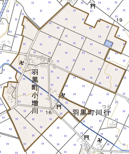羽黒町小増川とその周辺の地図。町の範囲を重ねている