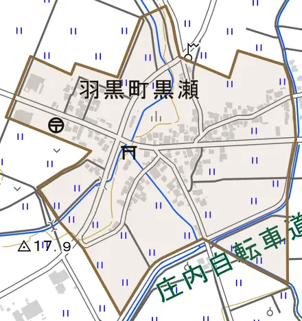 羽黒町黒瀬とその周辺の地図。町の範囲を重ねている
