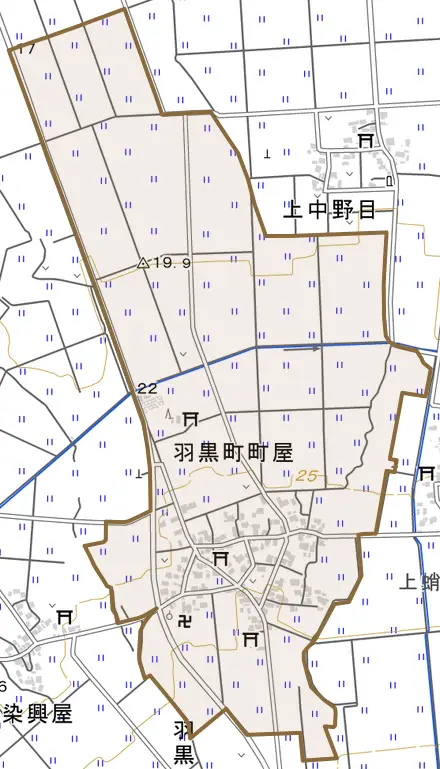 羽黒町町屋とその周辺の地図。町の範囲を重ねている