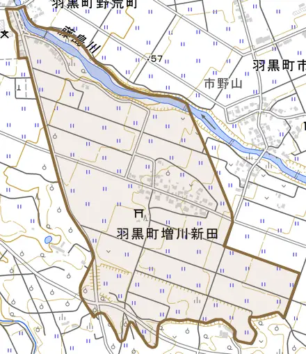 羽黒町増川新田とその周辺の地図。町の範囲を重ねている