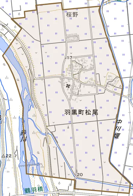 羽黒町松尾とその周辺の地図。町の範囲を重ねている